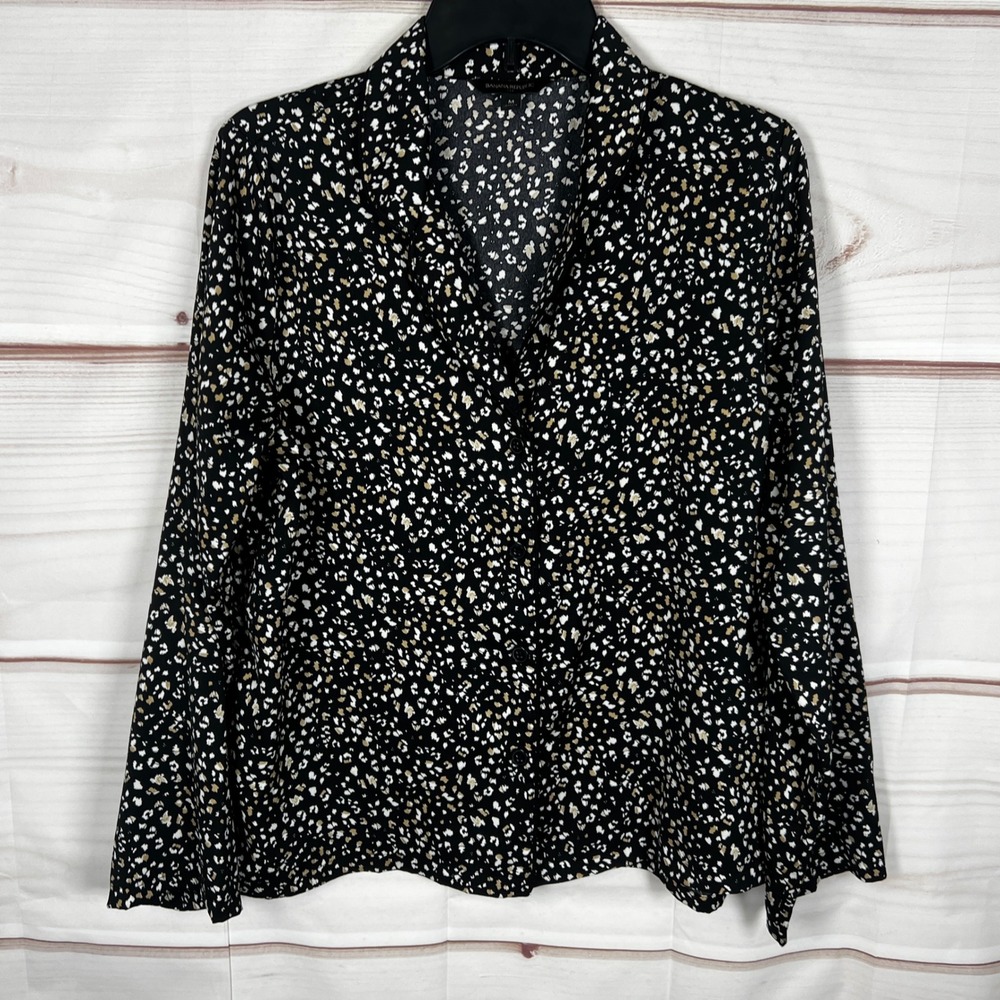 Banana Republic Button Down Top Women M Black Abstract Animal Print Satin Blouse